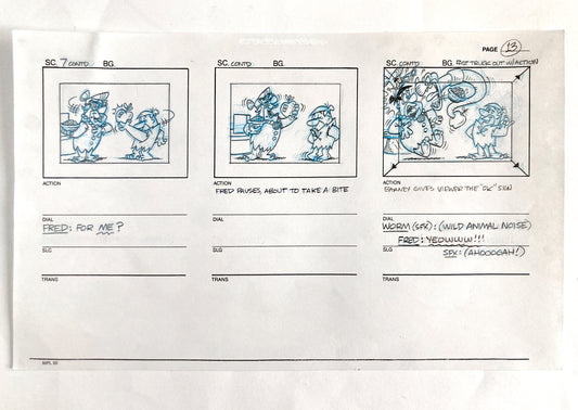 The Flintstones - Original Production Used Storyboard Sheet with 3 panels "Fruity Pebbles Commercial" (Hanna-Barbera, 1996). For sale on FLIP Gallery