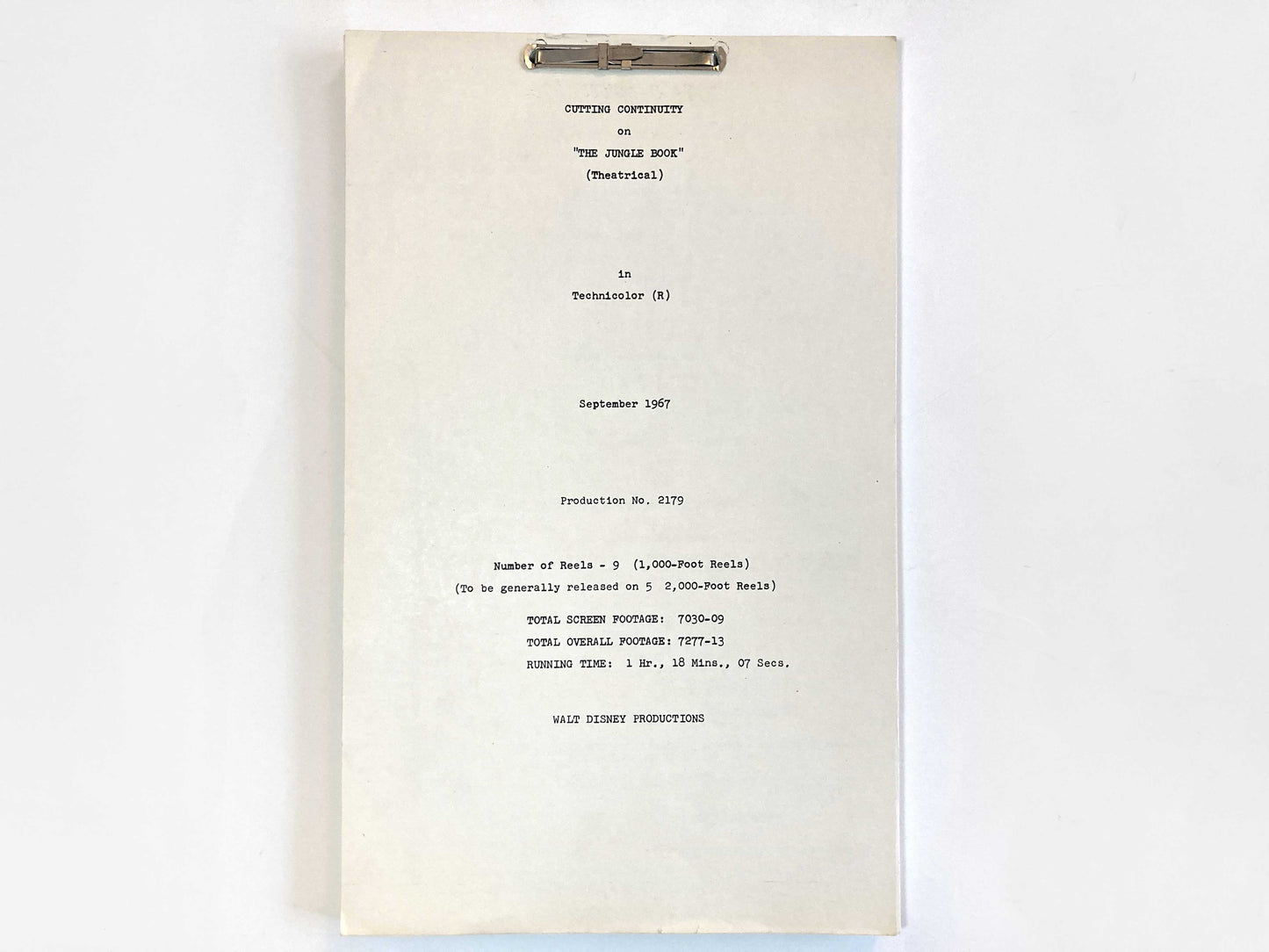 DAS DSCHUNGELBUCH : Original-Drehbuch von 1967 aus den Walt Disney Studios