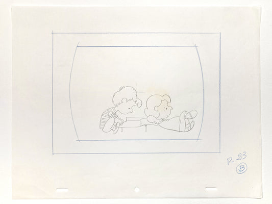 Peanuts and The Charlie Brown and Snoopy Show : Lucy Loves Schroeder. Lucy and Schroeder Layout Animation Drawing (Bill Melendez, 1983). For sale on FLIP Gallery