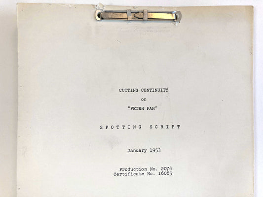 This is a rare and authentic piece of animation history, a genuine spotting script for Disney's iconic Peter Pan, dated January 1953. Unlike modern reproductions, this script is an original document from the production, making it a true collector's item and a valuable artifact of Disney's golden age