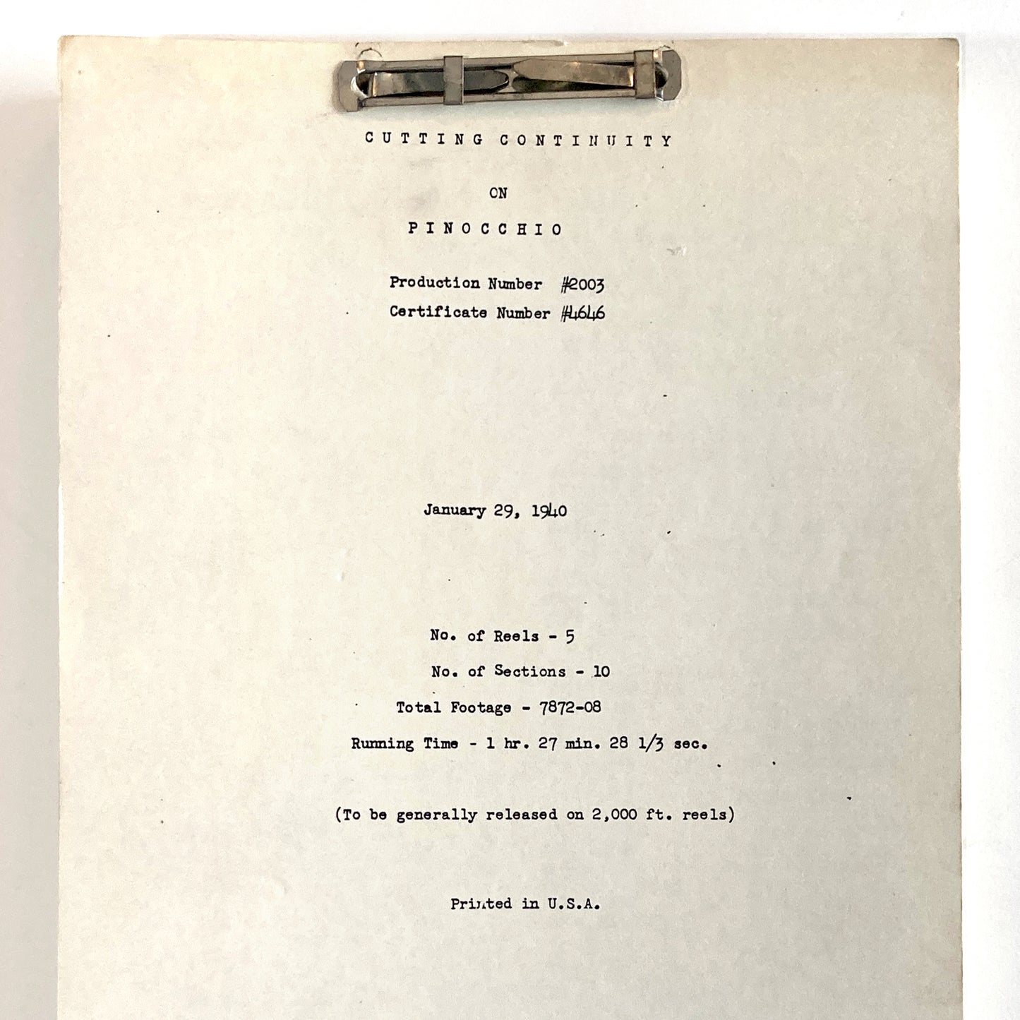 Pinocchio Original 1940 Script from Walt Disney Productions