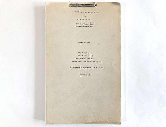 Pinocchio - Original 1940 Script from Walt Disney Productions. A rare and authentic piece of animation history, this original cutting continuity script from Disney’s animated classic Pinocchio is dated January 1940. For sale on FLIP Gallery