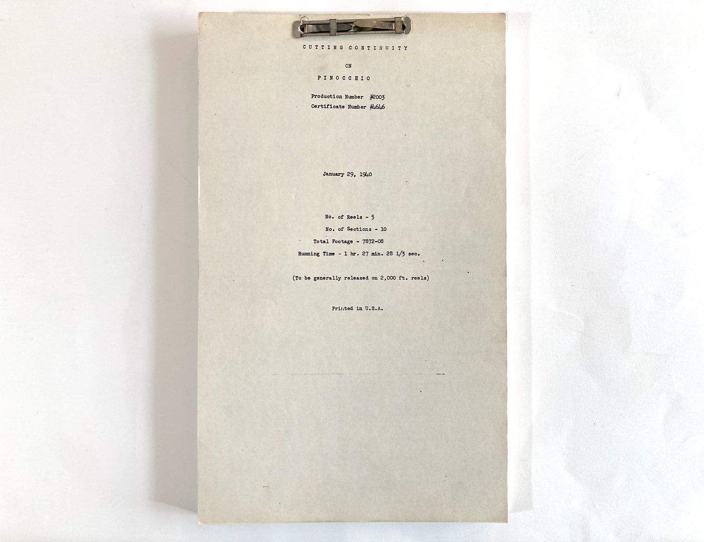 Pinocchio - Original 1940 Script from Walt Disney Productions