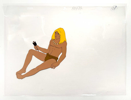 An original hand-painted production cel featuring Rahan, the iconic prehistoric hero from the classic animated series based on the famous French comic created by Roger Lécureux and André Chéret. For sale on FLIP Gallery