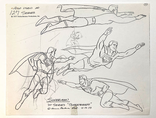 Offered here is a rare vintage model sheet of Superman from the 1973 animated series SuperFriends, produced by Hanna-Barbera. For sale on FLIP Gallery