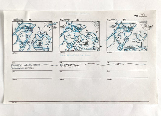 The Flintstones Original Production Used Storyboard Sheet with 3 panels "Fruity Pebbles Commercial" (Hanna-Barbera, 1996). For sale on FLIP Gallery