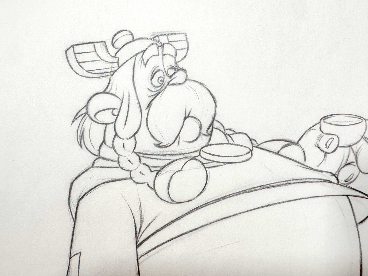Asterix in Britain Original Animation Art Drawing of Zebigbos (Astérix chez les Bretons, 1986). For sale on FLIP Gallery