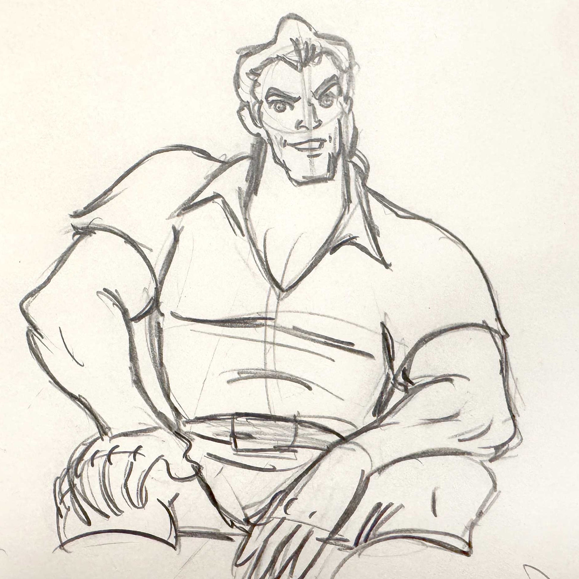 Beauty and the Beast - Gaston Original Rough Animation Production Drawing (Walt Disney, 1991). For sale on FLIP Gallery