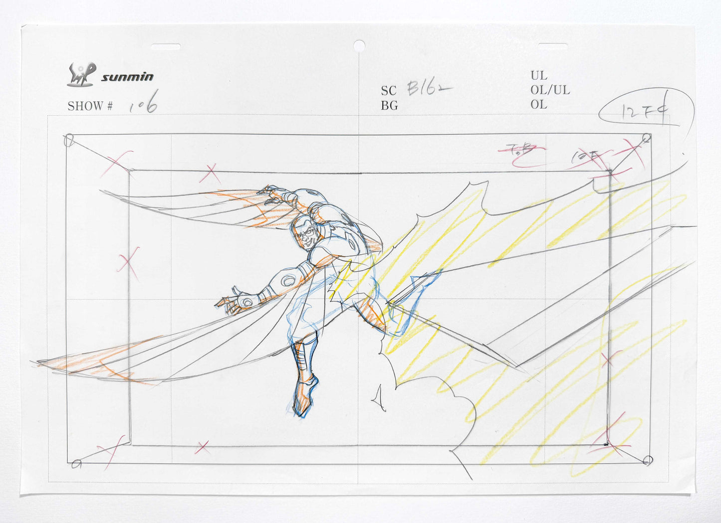 FALCON : Original Animation Layout Production Drawing, from the serie "Avengers Assemble" (Marvel, 2012). For sale on FLIP Gallery