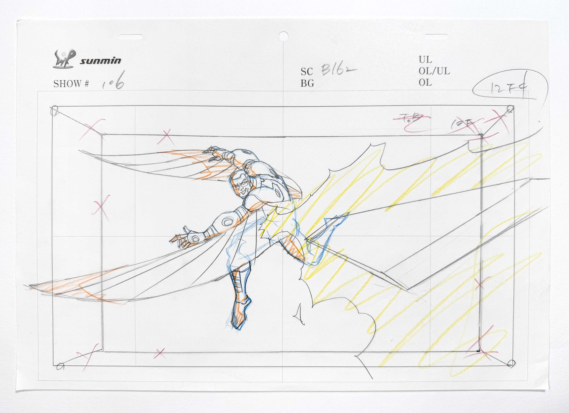 FALCON : Original Animation Layout Production Drawing, from the serie "Avengers Assemble" (Marvel, 2012). For sale on FLIP Gallery