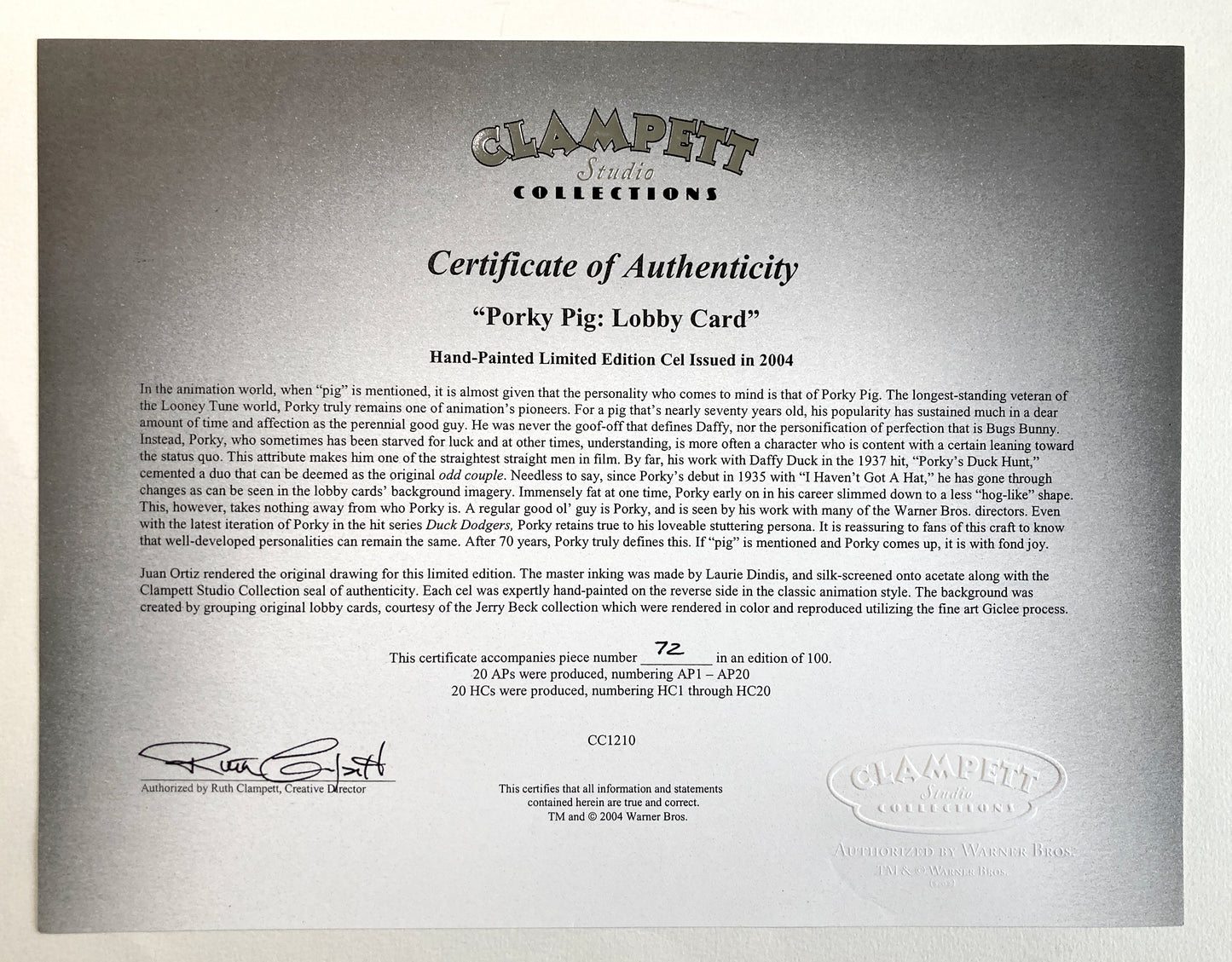 PORKY PIG : Limited Edition Cel #72/100 (Warner Brothers, 2004)