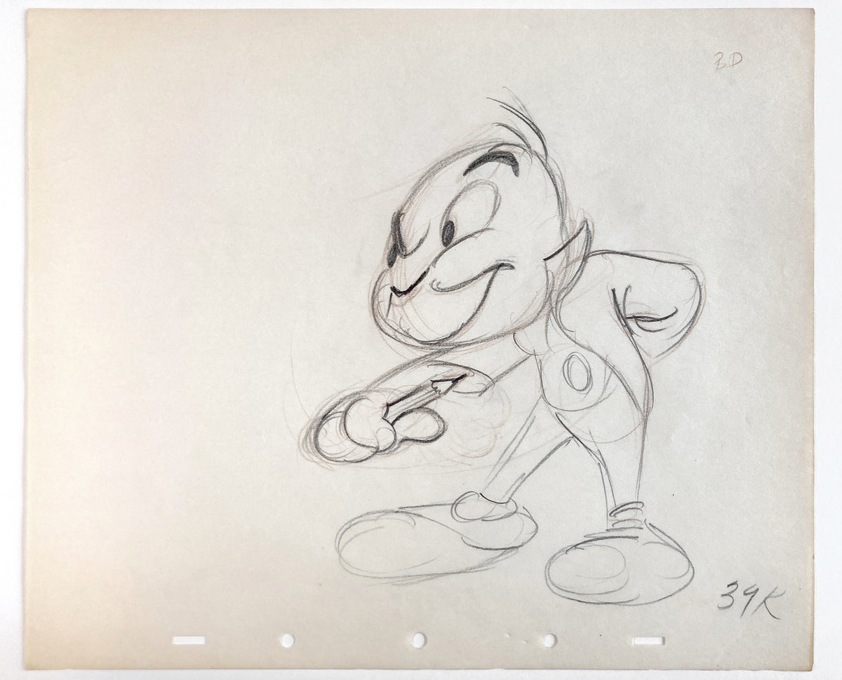 Jiminy Cricket Original Production Used Rough Animation Art Drawing (Walt Disney, c. 1940-50s). For sale on FLIP Gallery