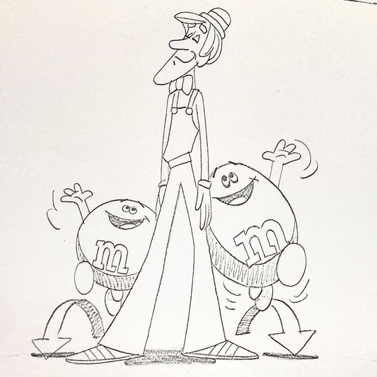 This is a rare vintage photocopy of an animation sheet from a 1970s U.S M&M’s commercial. It features the two classic M&M’s characters, “Plain” and “Peanuts”. For sale on FLIP Gallery