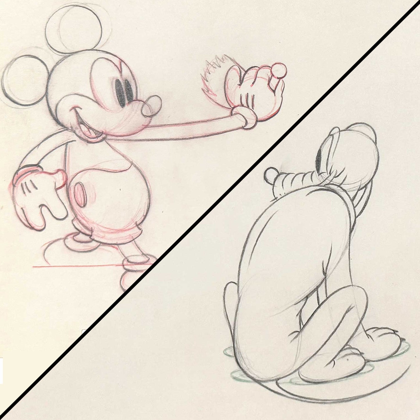Society Dog Show - Mickey Mouse and Pluto Pair of Animation Drawings (Walt Disney, 1939). For sale on FLIP Gallery