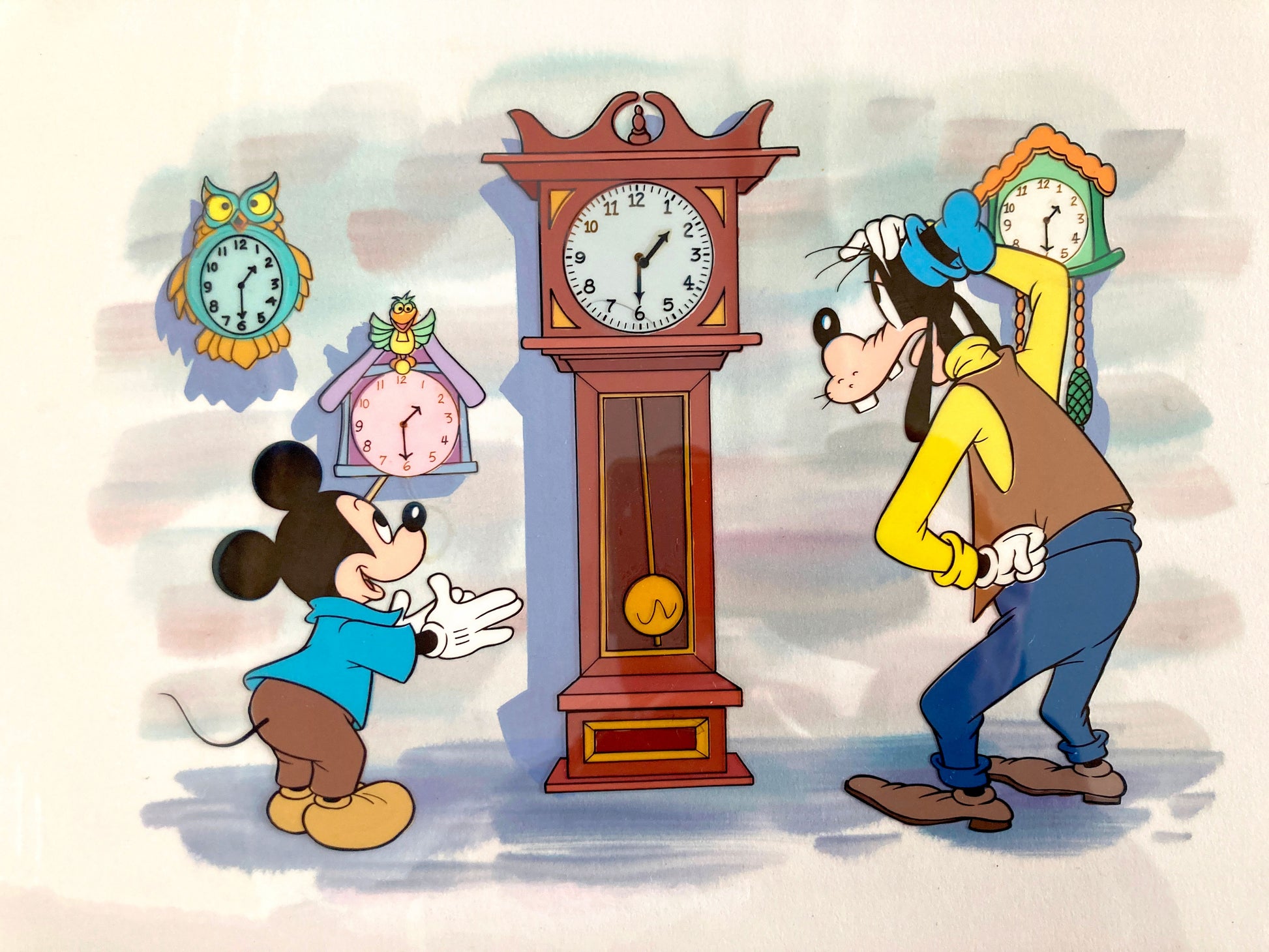 Mickey and Goofy : Original Cel and Hand-Painted background from Disney Discovery Series (Walt Disney, 1987). For sale on FLIP Gallery