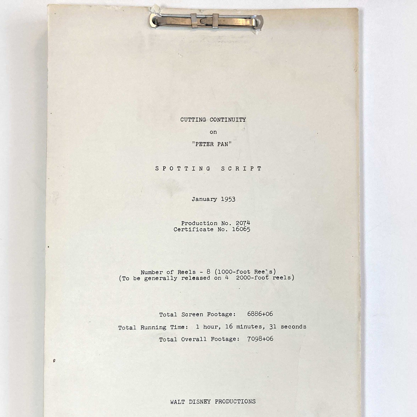 This is a rare and authentic piece of animation history, a genuine spotting script for Disney's iconic Peter Pan, dated January 1953. Unlike modern reproductions, this script is an original document from the production, making it a true collector's item and a valuable artifact of Disney's golden age