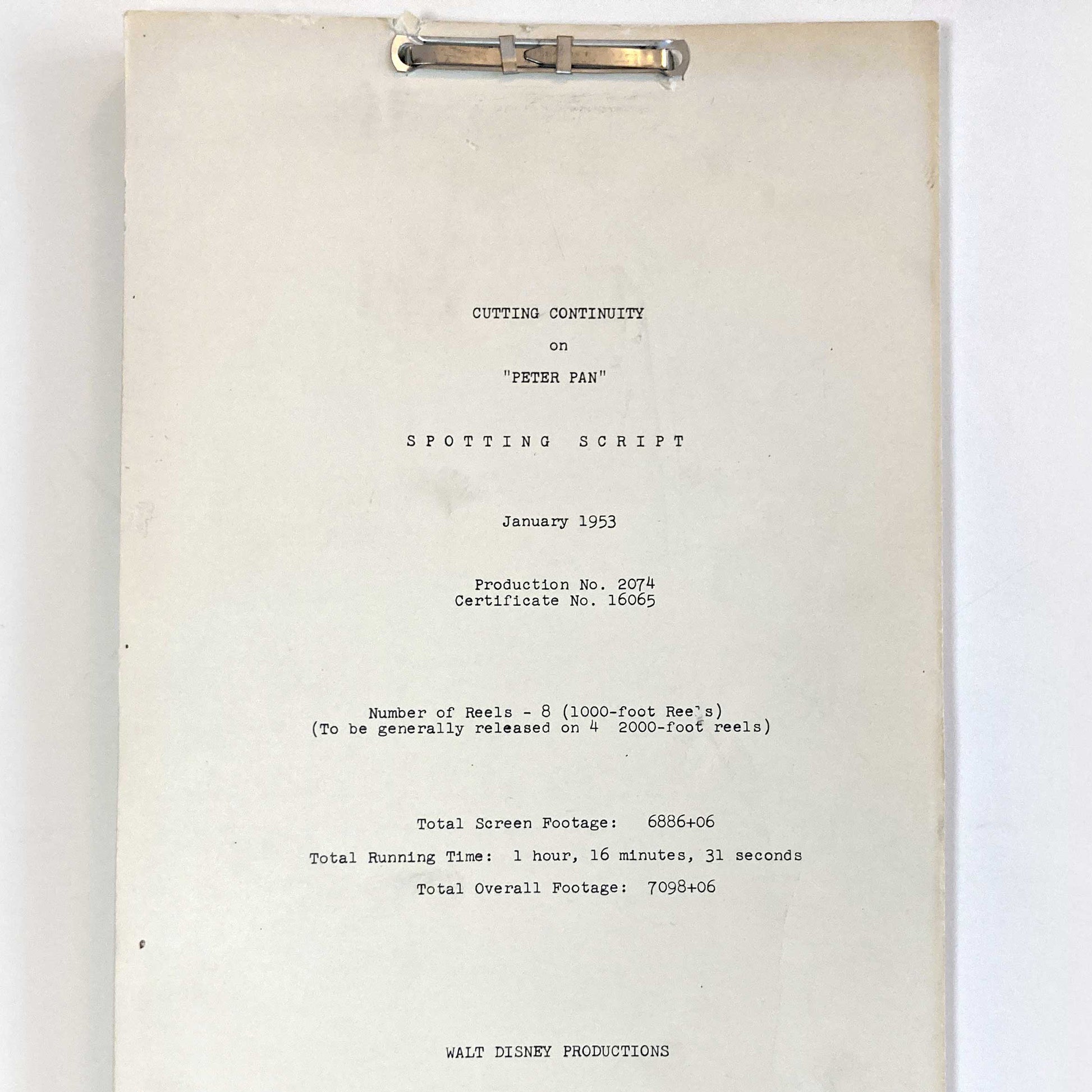 This is a rare and authentic piece of animation history, a genuine spotting script for Disney's iconic Peter Pan, dated January 1953. Unlike modern reproductions, this script is an original document from the production, making it a true collector's item and a valuable artifact of Disney's golden age