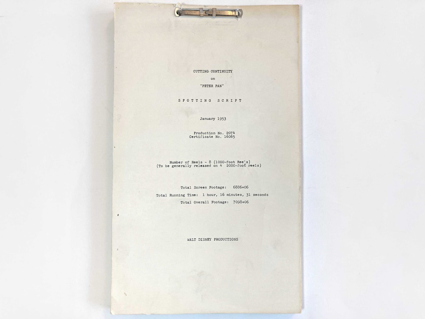 This is a rare and authentic piece of animation history, a genuine spotting script for Disney's iconic Peter Pan, dated January 1953. Unlike modern reproductions, this script is an original document from the production, making it a true collector's item and a valuable artifact of Disney's golden age