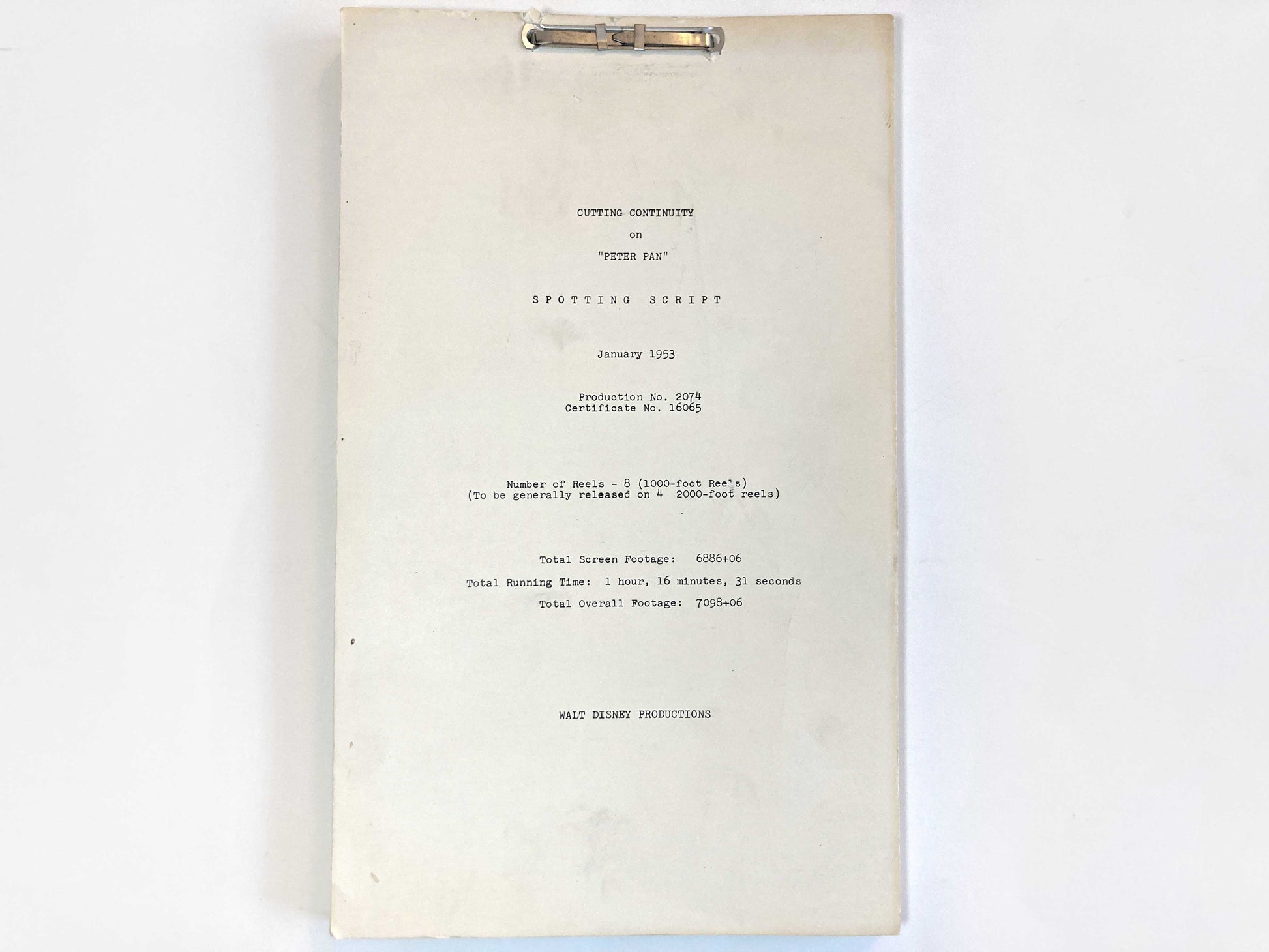 This is a rare and authentic piece of animation history, a genuine spotting script for Disney's iconic Peter Pan, dated January 1953. Unlike modern reproductions, this script is an original document from the production, making it a true collector's item and a valuable artifact of Disney's golden age