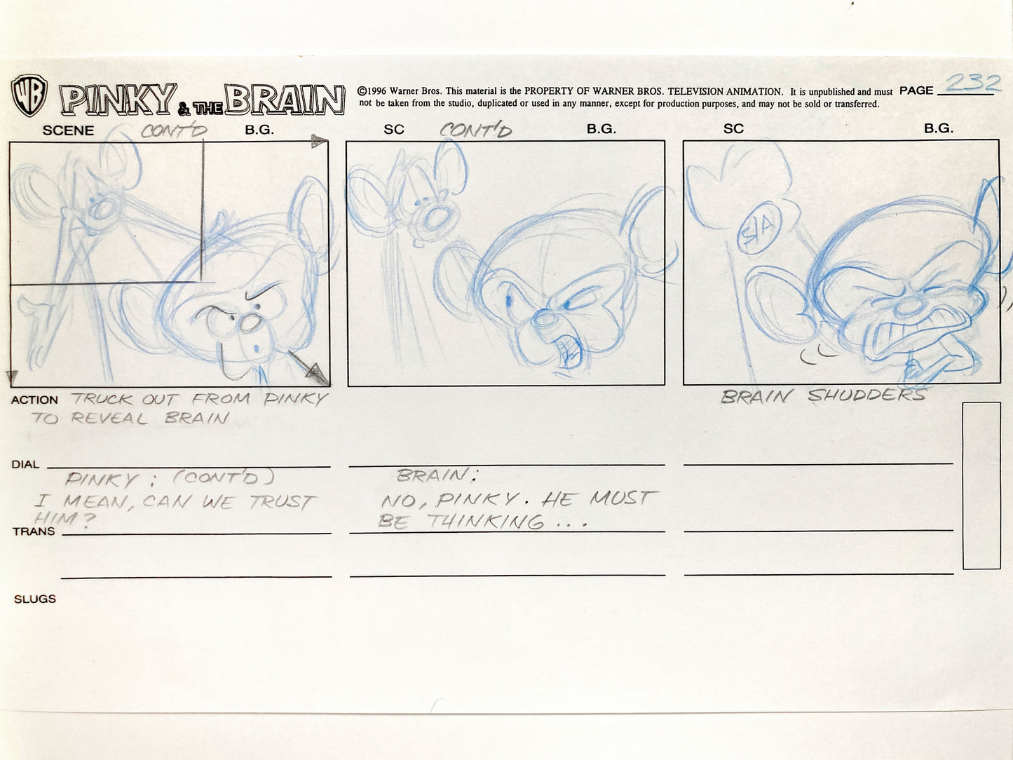 Pinky and The Brain : Original Production Hand-Drawn Studio Storyboard (Warner Bros. 1996). For sale on FLIP Gallery