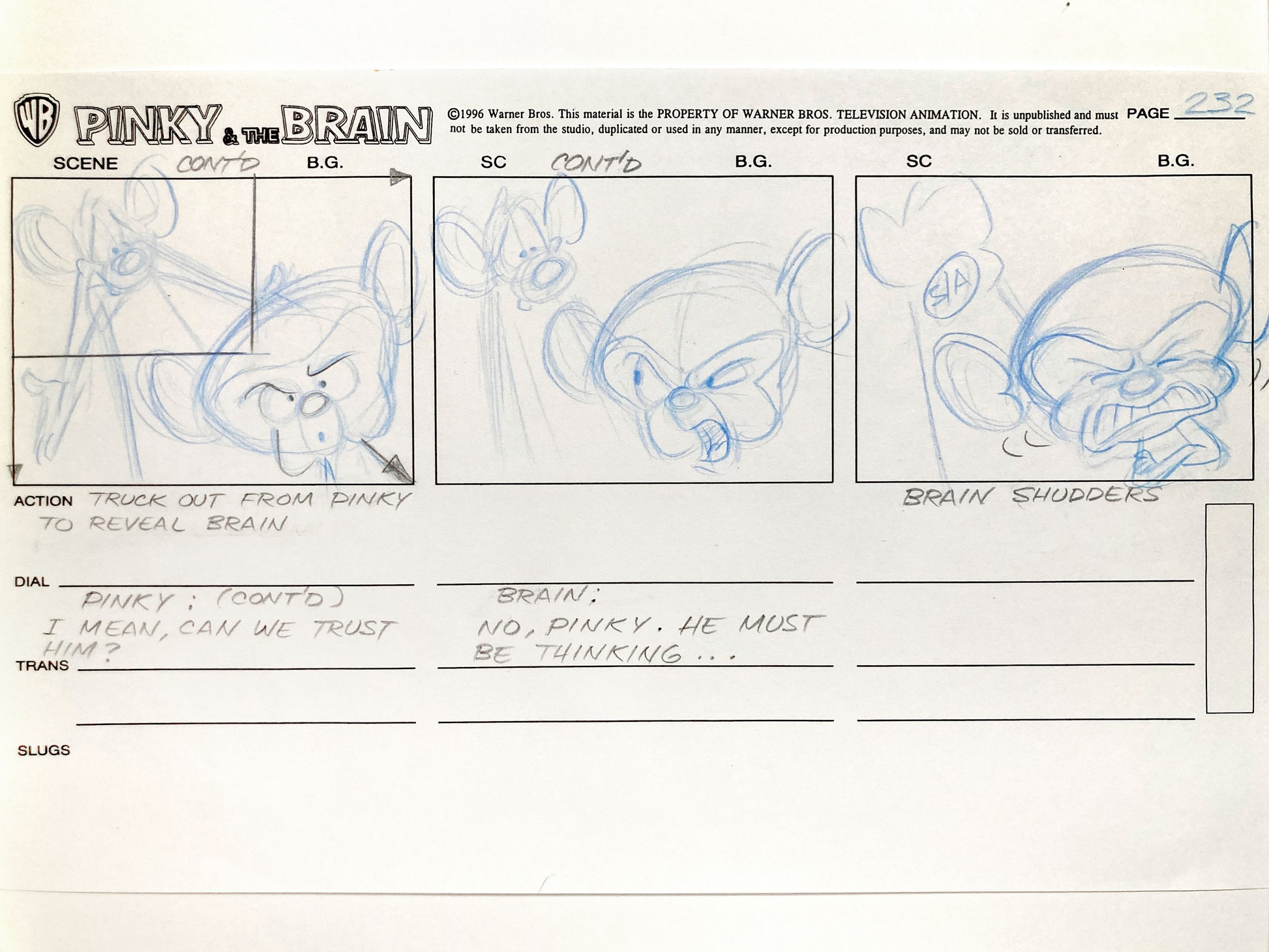 Pinky and The Brain : Original Production Hand-Drawn Studio Storyboard (Warner Bros. 1996). For sale on FLIP Gallery