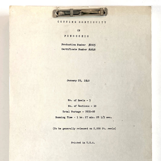 Pinocchio Original 1940 Script from Walt Disney Productions