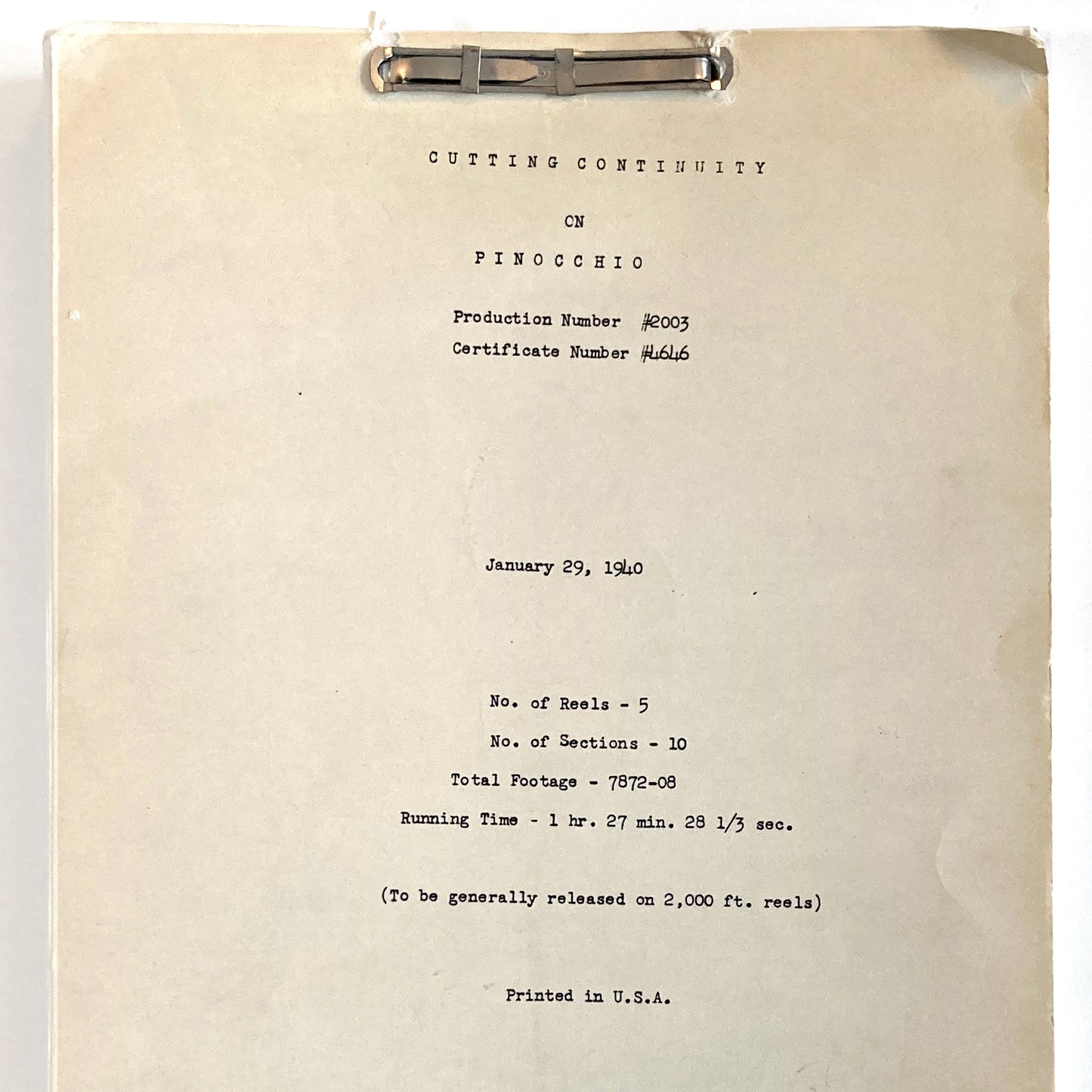 Pinocchio - Original 1940 Script from Walt Disney Productions. A rare and authentic piece of animation history, this original cutting continuity script from Disney’s animated classic Pinocchio is dated January 1940. For sale on FLIP Gallery