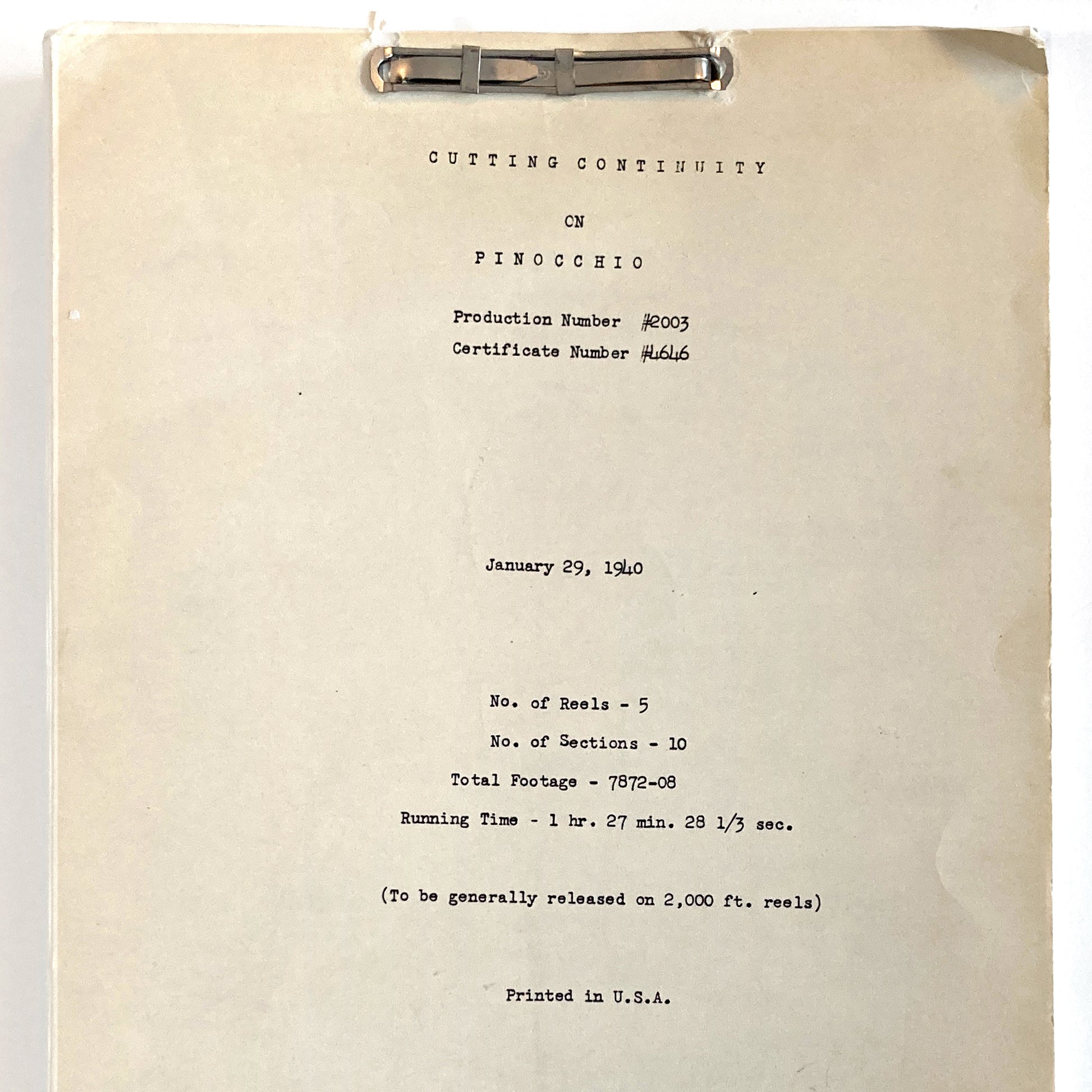 Pinocchio - Original 1940 Script from Walt Disney Productions. A rare and authentic piece of animation history, this original cutting continuity script from Disney’s animated classic Pinocchio is dated January 1940. For sale on FLIP Gallery