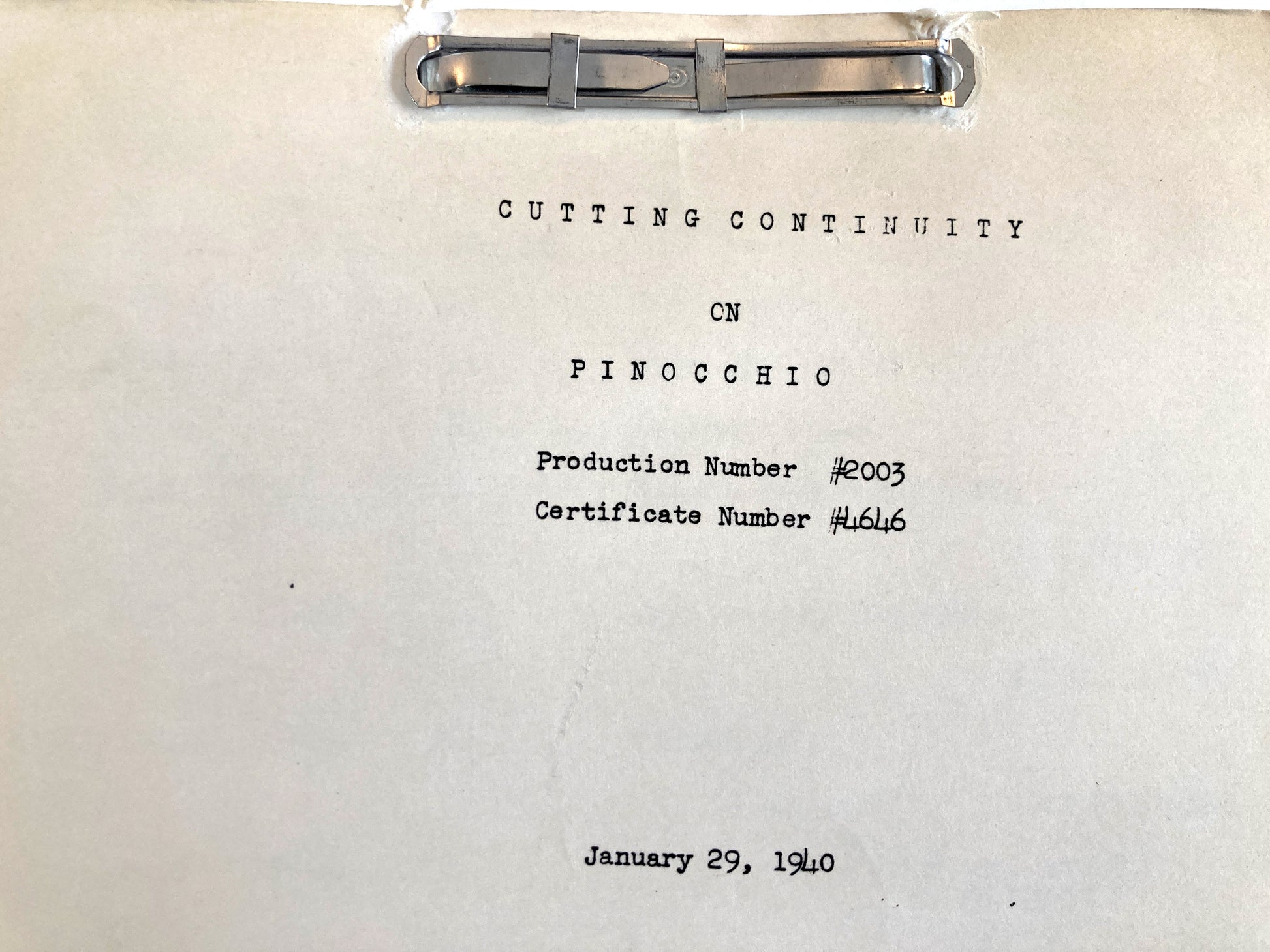 Pinocchio - Original 1940 Script from Walt Disney Productions. A rare and authentic piece of animation history, this original cutting continuity script from Disney’s animated classic Pinocchio is dated January 1940. For sale on FLIP Gallery