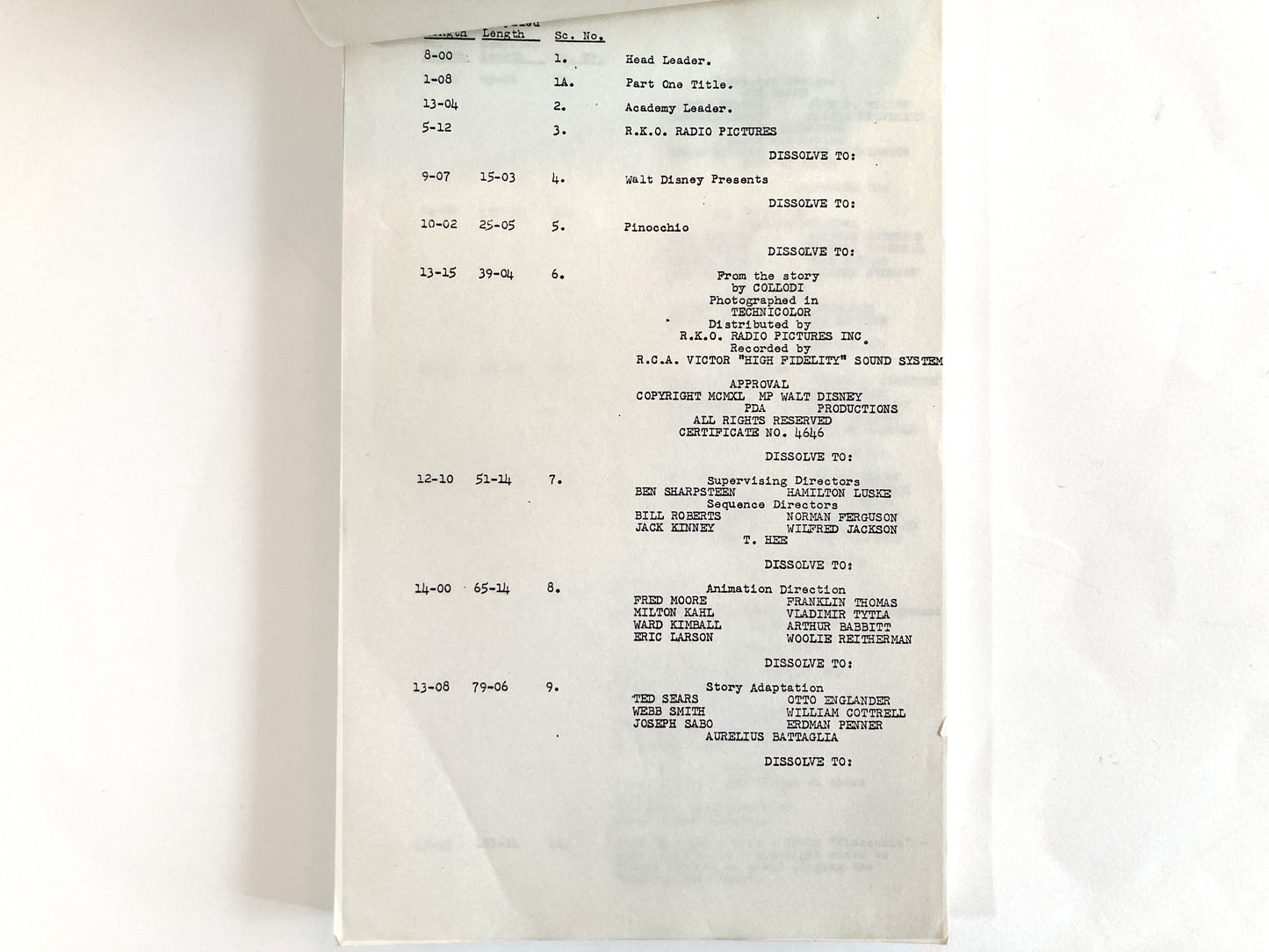 Pinocchio - Original 1940 Script from Walt Disney Productions. A rare and authentic piece of animation history, this original cutting continuity script from Disney’s animated classic Pinocchio is dated January 1940. For sale on FLIP Gallery