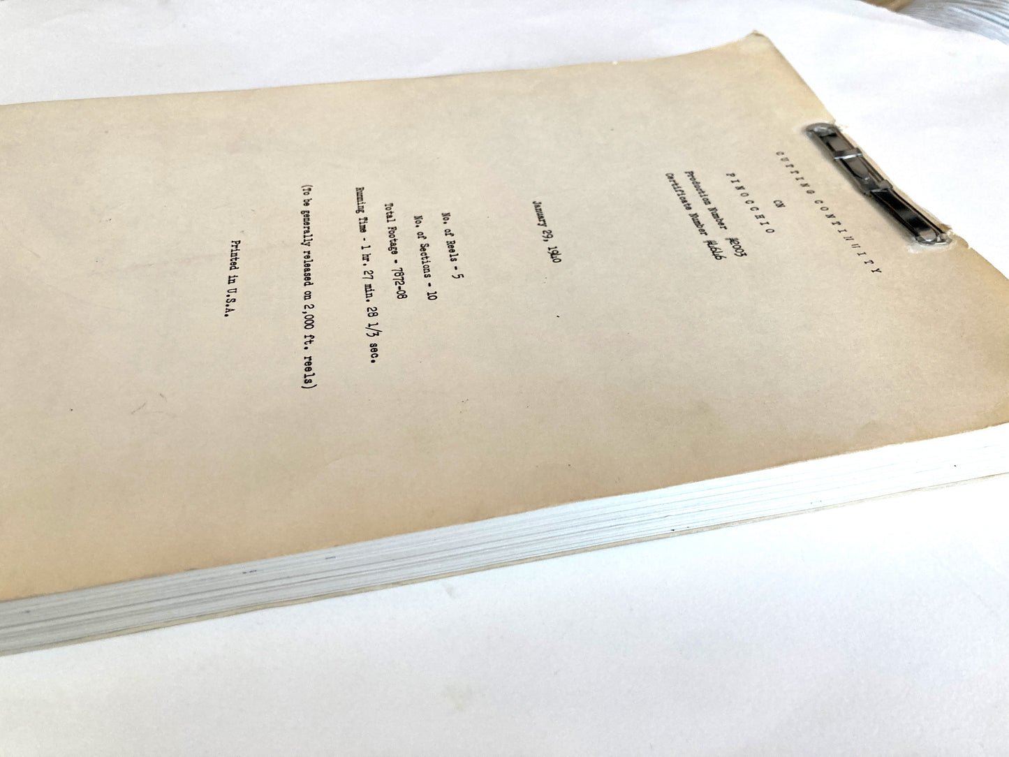 Pinocchio - Original 1940 Script from Walt Disney Productions. A rare and authentic piece of animation history, this original cutting continuity script from Disney’s animated classic Pinocchio is dated January 1940. For sale on FLIP Gallery