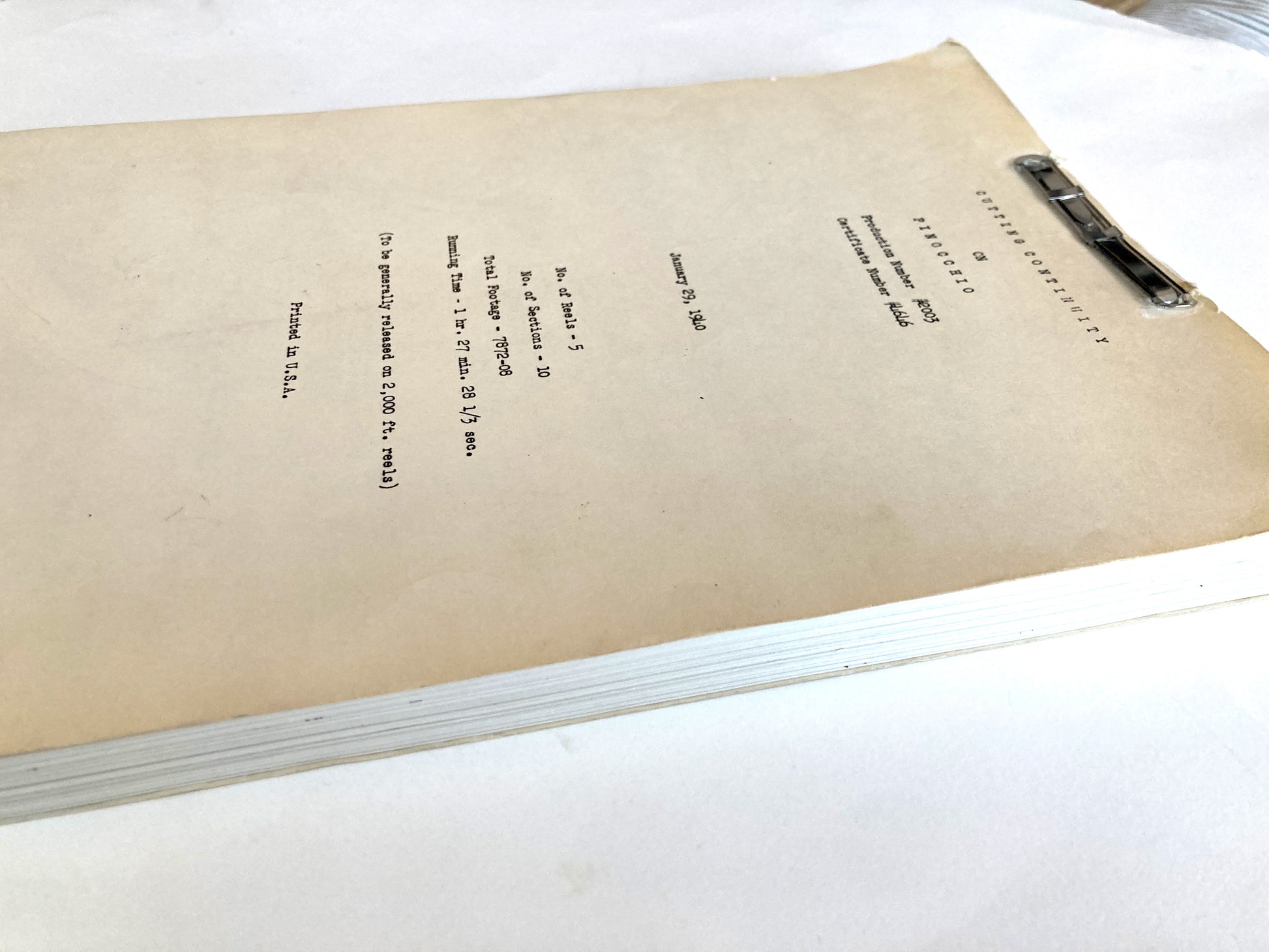 Pinocchio - Original 1940 Script from Walt Disney Productions. A rare and authentic piece of animation history, this original cutting continuity script from Disney’s animated classic Pinocchio is dated January 1940. For sale on FLIP Gallery