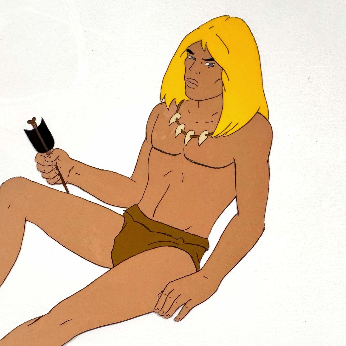 An original hand-painted production cel featuring Rahan, the iconic prehistoric hero from the classic animated series based on the famous French comic created by Roger Lécureux and André Chéret. For sale on FLIP Gallery