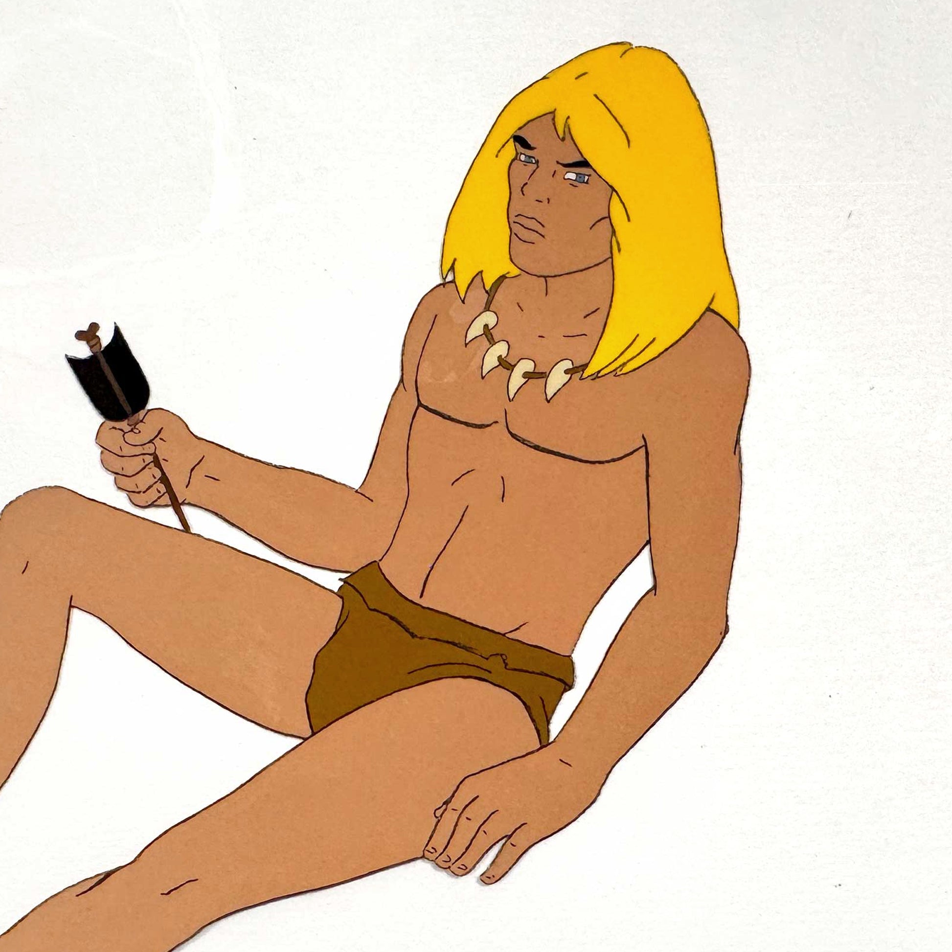 An original hand-painted production cel featuring Rahan, the iconic prehistoric hero from the classic animated series based on the famous French comic created by Roger Lécureux and André Chéret. For sale on FLIP Gallery