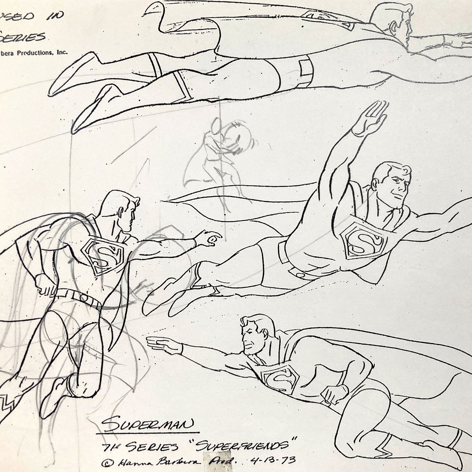 Offered here is a rare vintage model sheet of Superman from the 1973 animated series SuperFriends, produced by Hanna-Barbera. For sale on FLIP Gallery