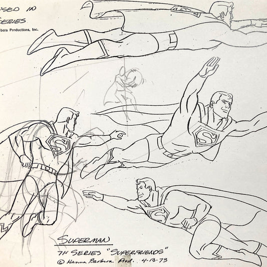 Offered here is a rare vintage model sheet of Superman from the 1973 animated series SuperFriends, produced by Hanna-Barbera. For sale on FLIP Gallery
