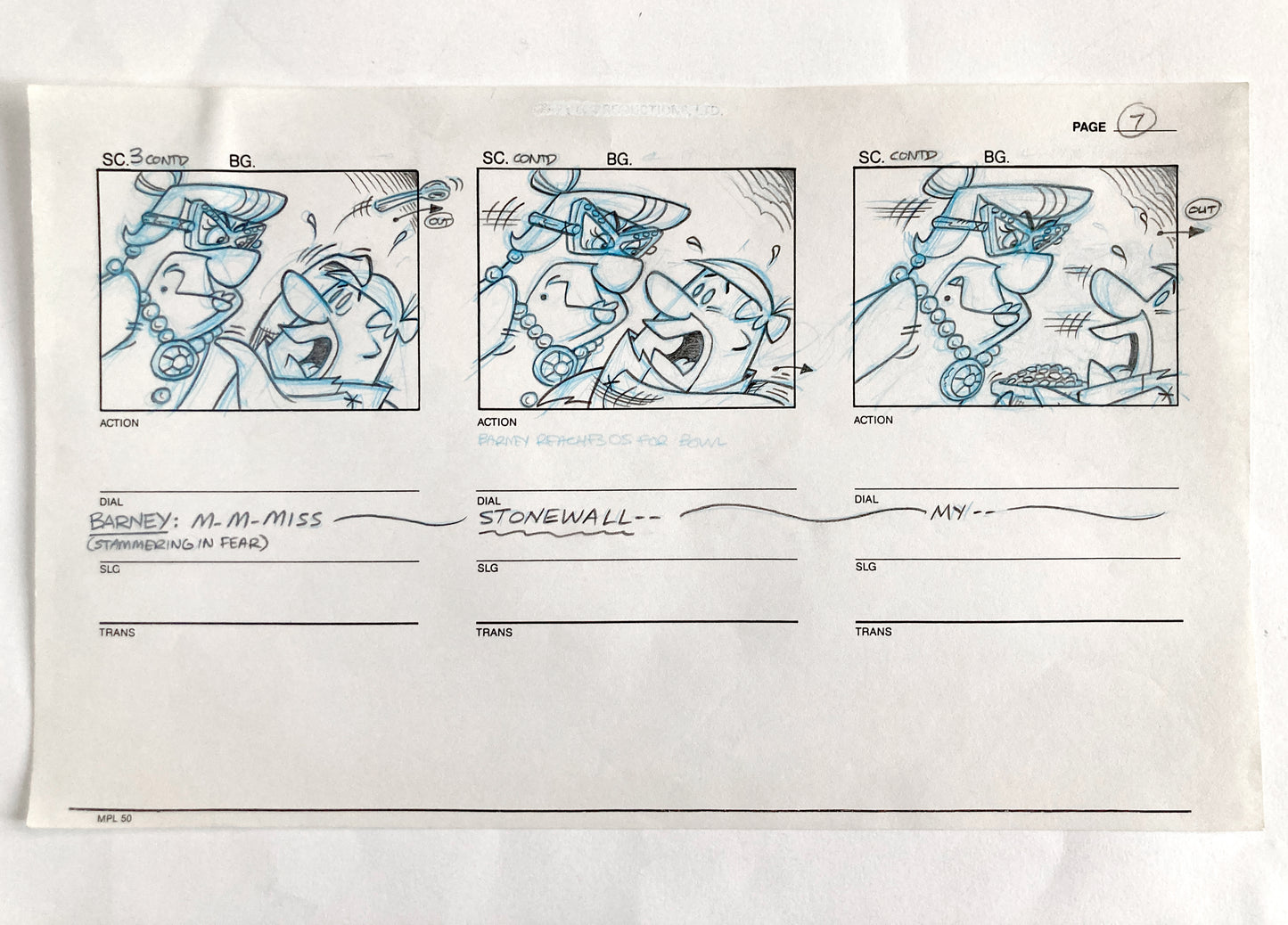 The Flintstones Original Production Used Storyboard Sheet with 3 panels "Fruity Pebbles Commercial" (Hanna-Barbera, 1996). For sale on FLIP Gallery