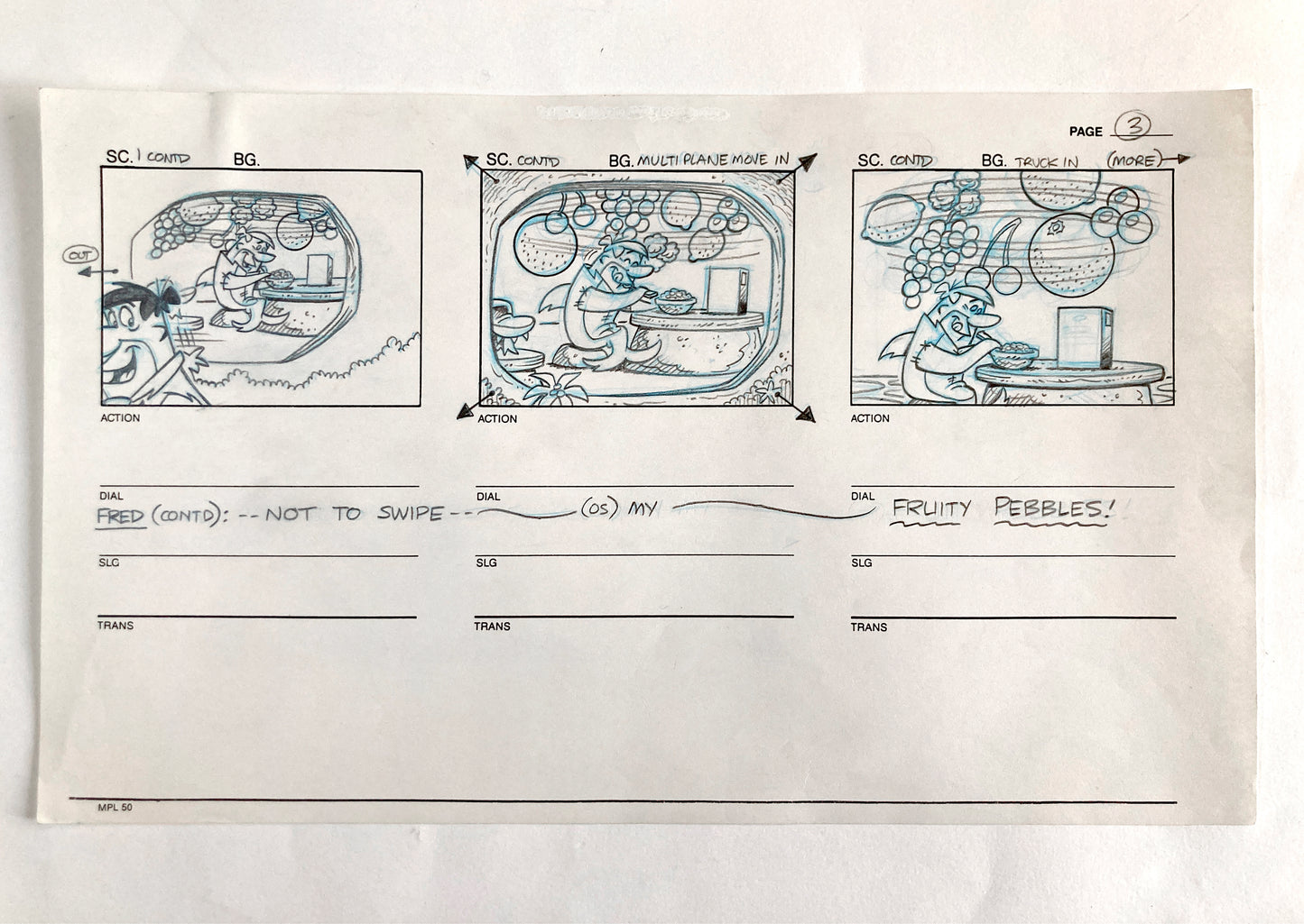 The Flintstones Original Production Used Storyboard Sheet with 3 panels "Fruity Pebbles Commercial" (Hanna-Barbera, 1996). For sale on FLIP Gallery