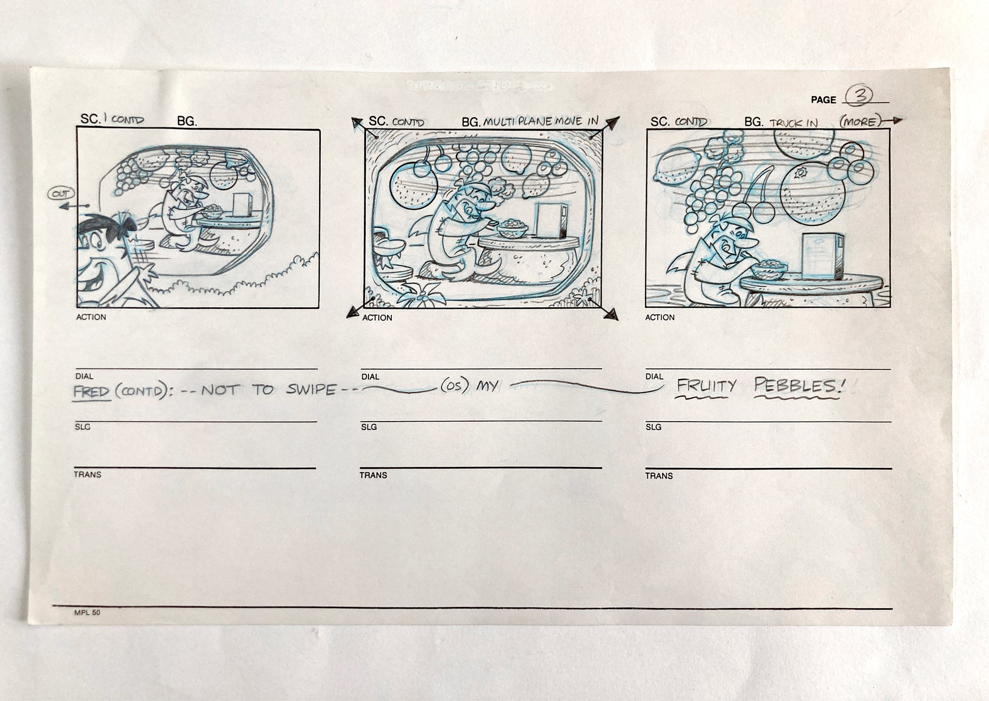 The Flintstones Original Production Used Storyboard Sheet with 3 panels "Fruity Pebbles Commercial" (Hanna-Barbera, 1996). For sale on FLIP Gallery