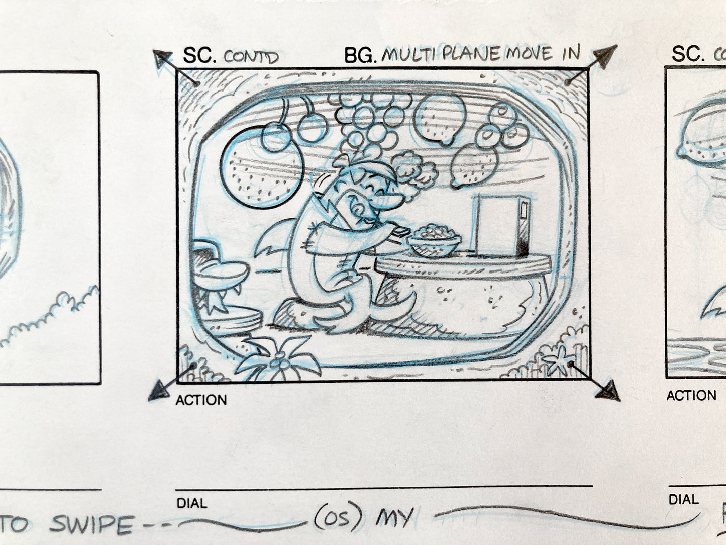 The Flintstones Original Production Used Storyboard Sheet with 3 panels "Fruity Pebbles Commercial" (Hanna-Barbera, 1996). For sale on FLIP Gallery