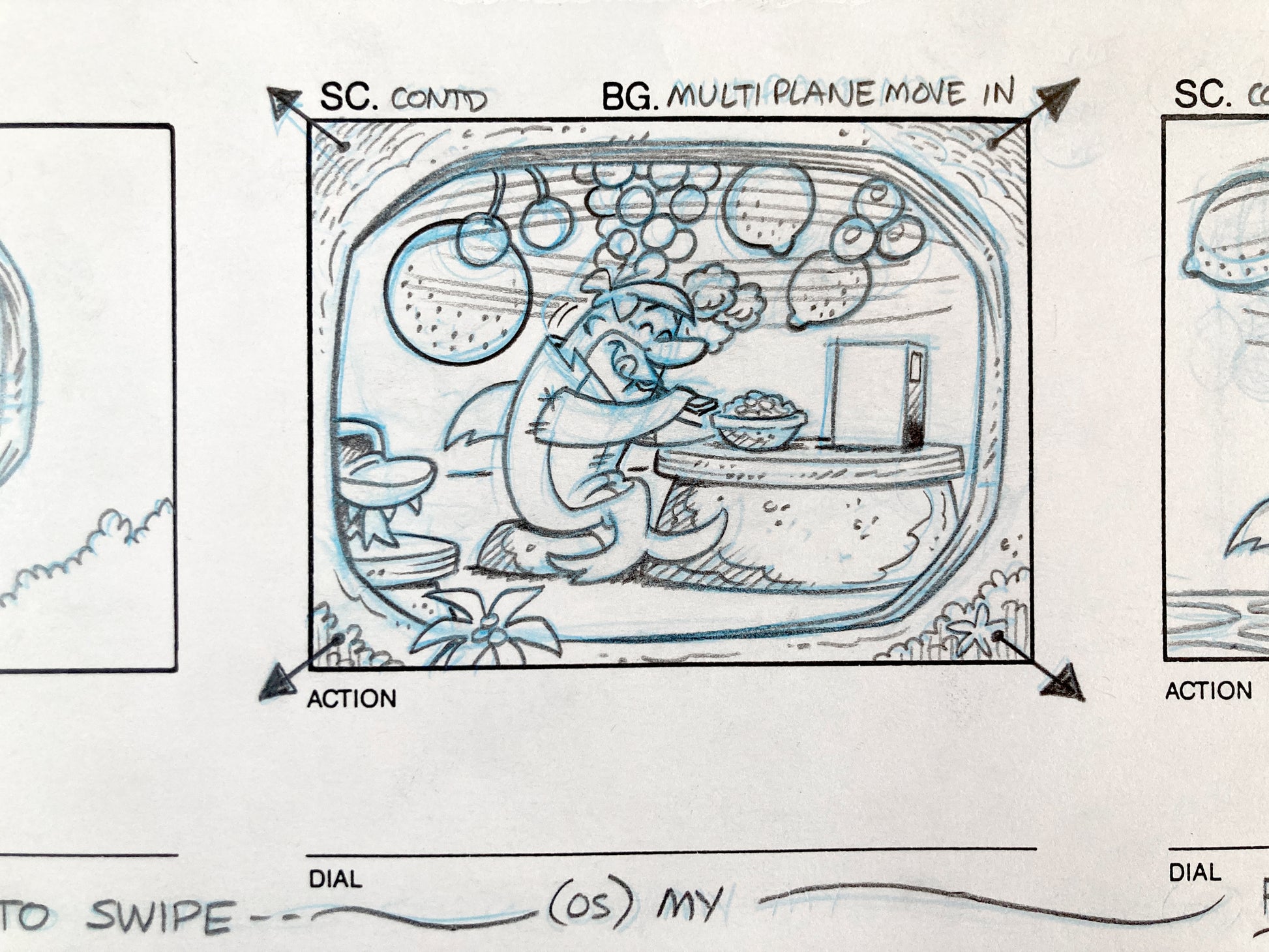 The Flintstones Original Production Used Storyboard Sheet with 3 panels "Fruity Pebbles Commercial" (Hanna-Barbera, 1996). For sale on FLIP Gallery