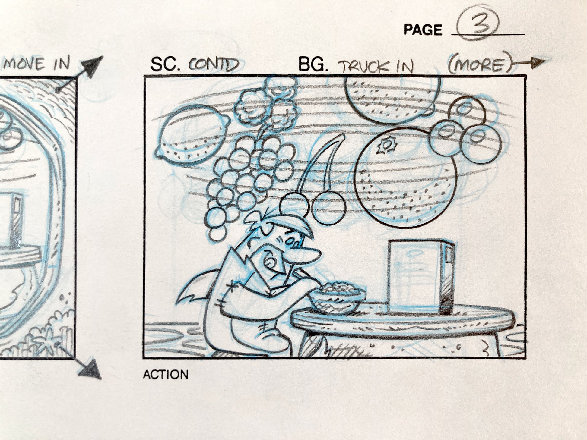 The Flintstones Original Production Used Storyboard Sheet with 3 panels "Fruity Pebbles Commercial" (Hanna-Barbera, 1996). For sale on FLIP Gallery