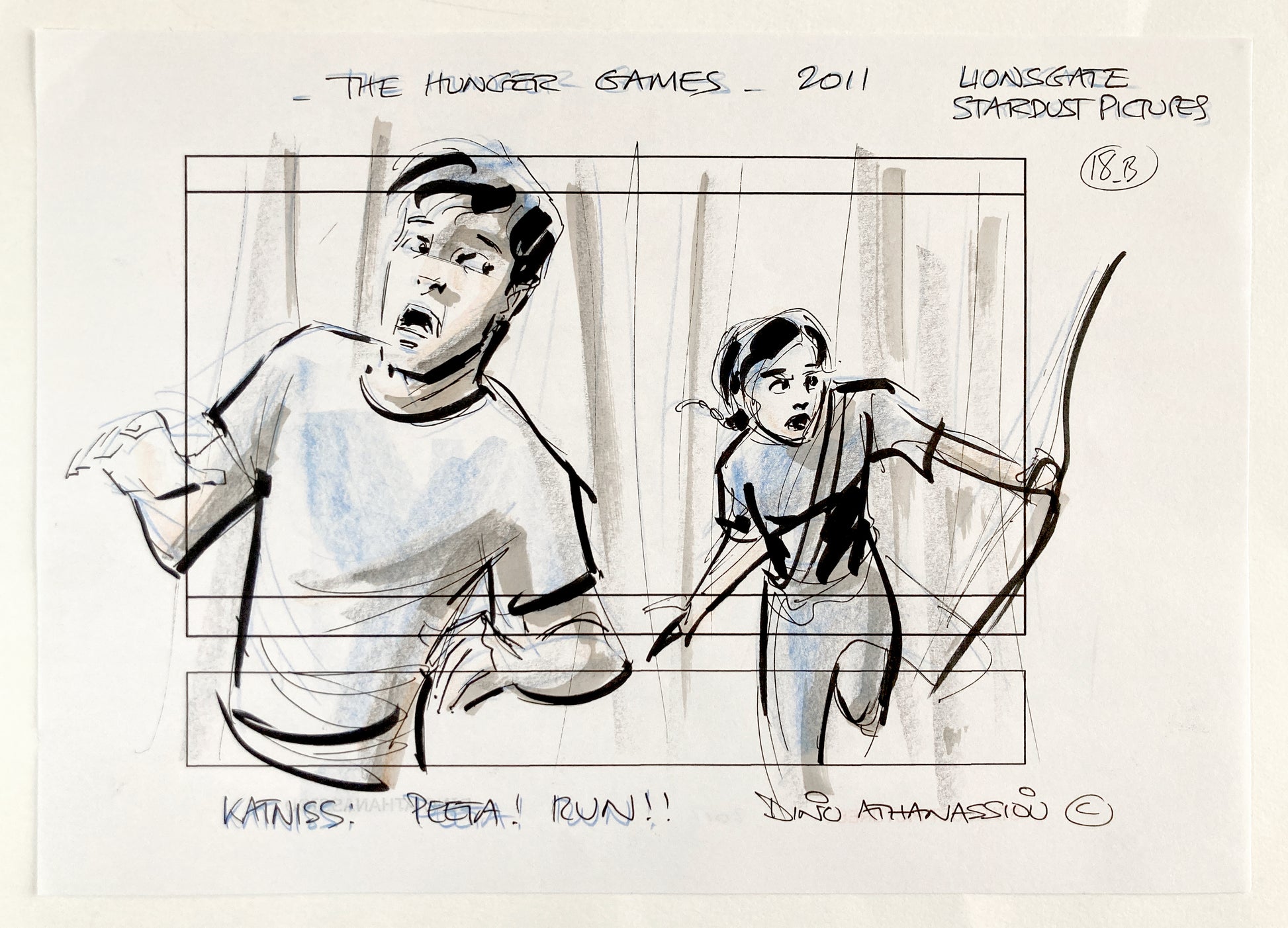 The Hunger Games : Original Production Used Storyboard Art Signed by Dino Athanassiou (Lions Gate, 2012). For sale on FLIP Gallery