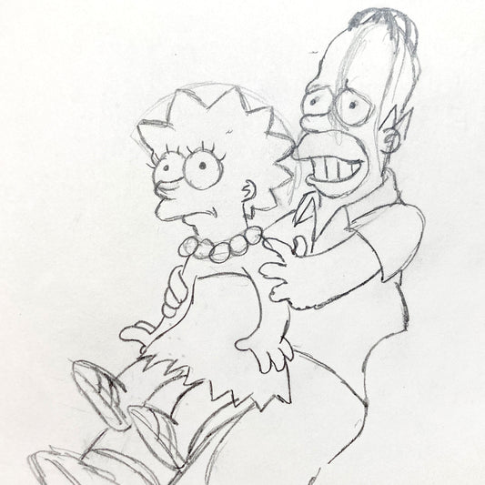The SIMPSONS - Early Original Production Used Animation Artwork Drawing of Homer and Lisa Simpson. For sale on FLIP Gallery