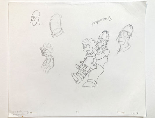 The SIMPSONS - Early Original Production Used Animation Artwork Drawing of Homer and Lisa Simpson. For sale on FLIP Gallery