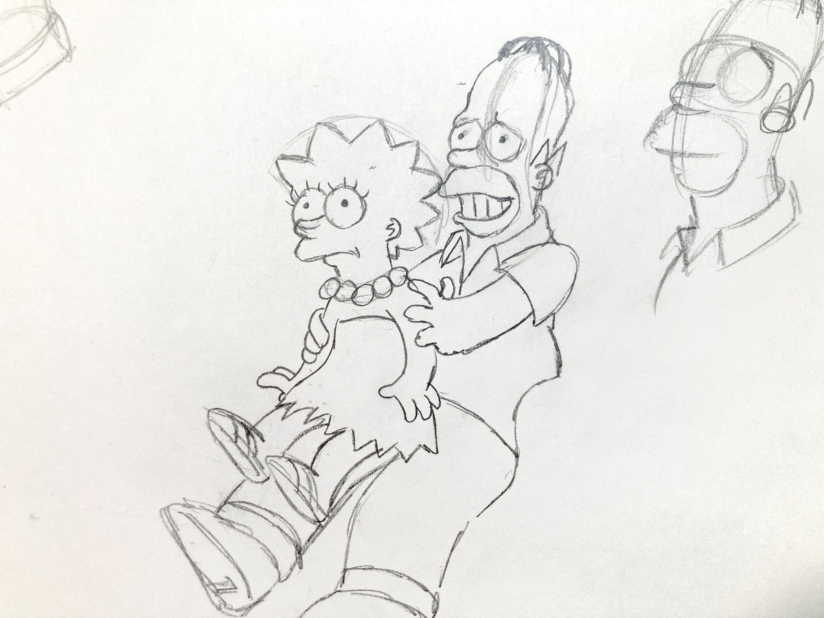The SIMPSONS - Early Original Production Used Animation Artwork Drawing of Homer and Lisa Simpson. For sale on FLIP Gallery