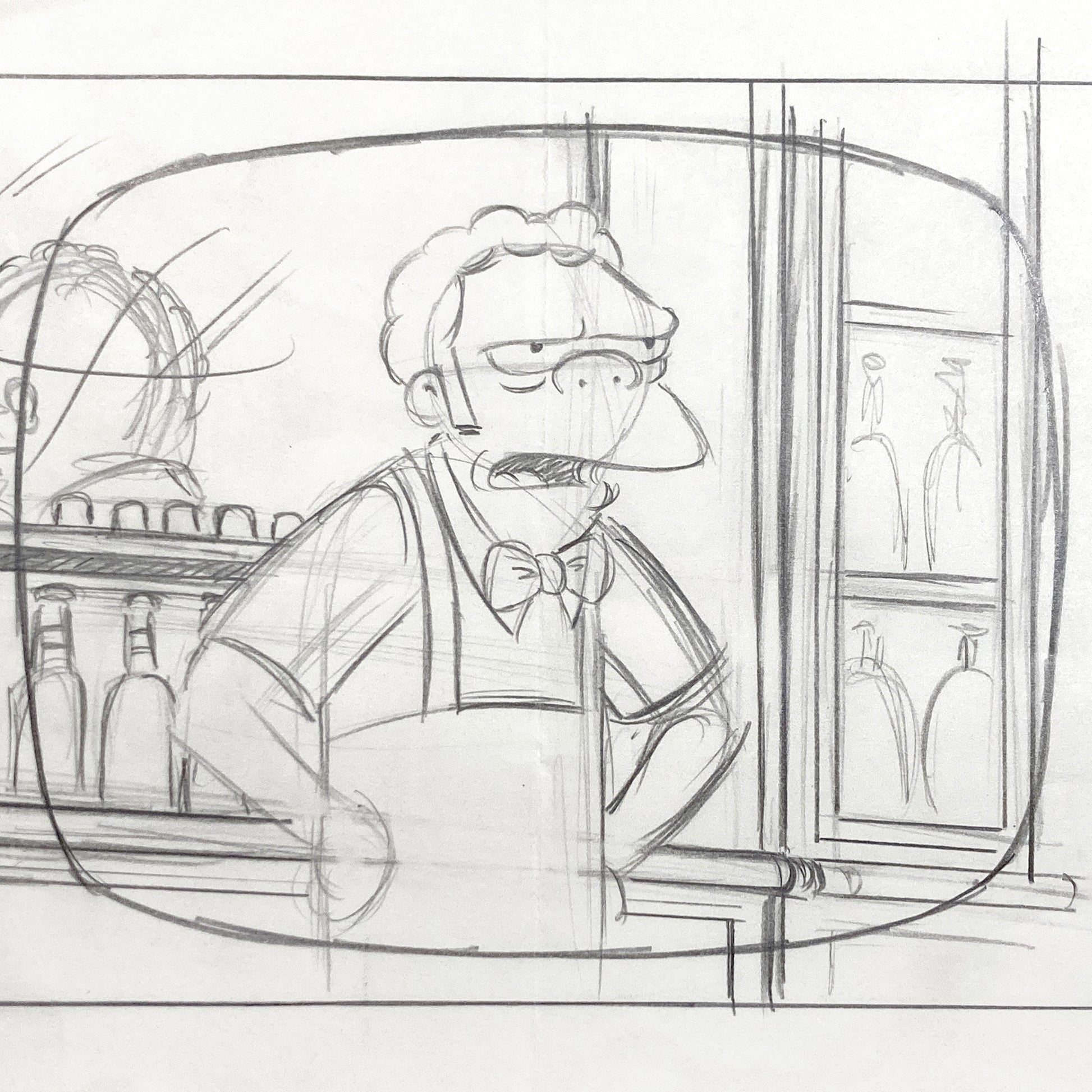 The SIMPSONS : Original Animation Layout Drawing of Moe Szyslak (Matt Groening). For sale on FLIP Gallery