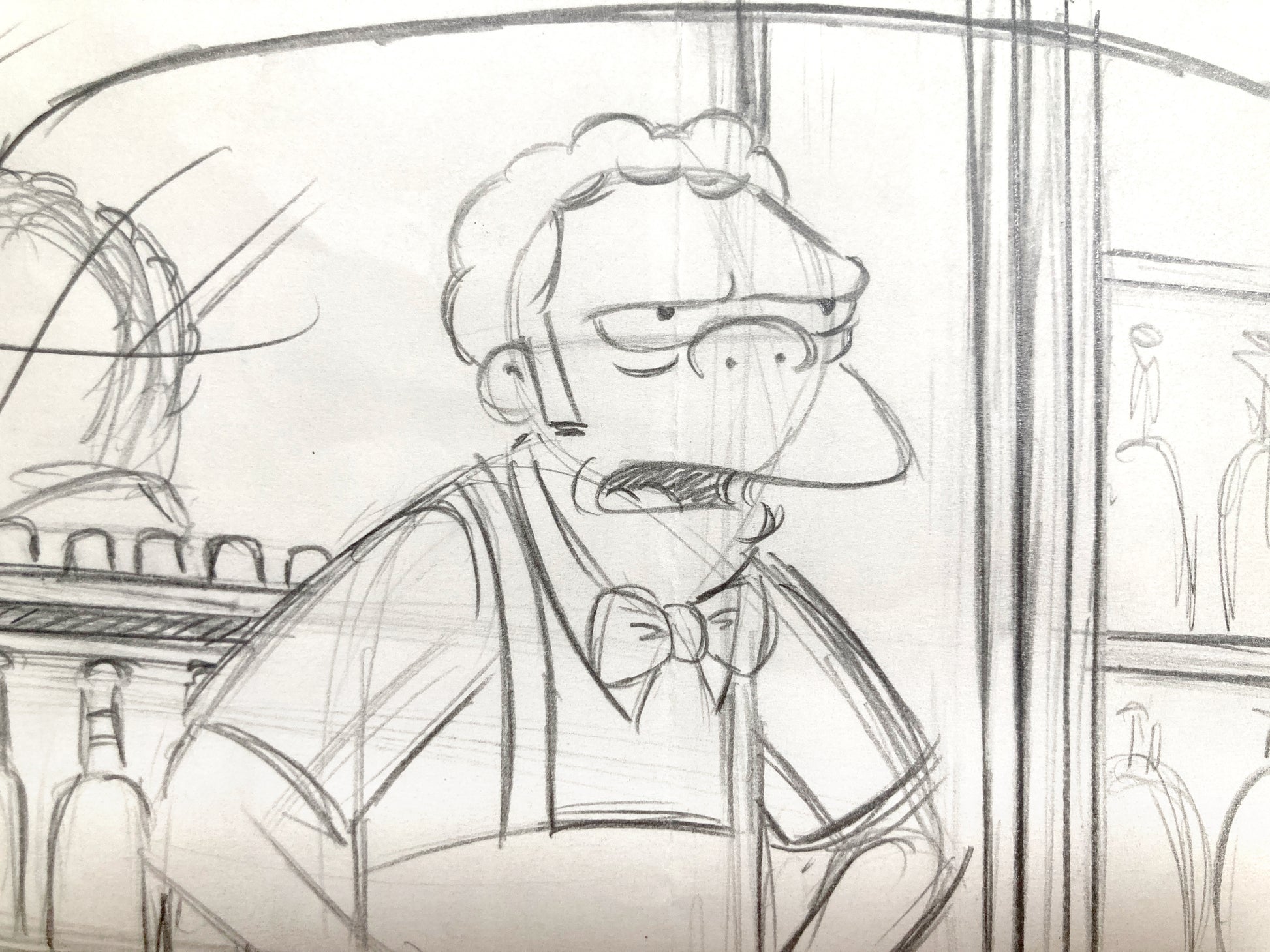The SIMPSONS : Original Animation Layout Drawing of Moe Szyslak (Matt Groening). For sale on FLIP Gallery