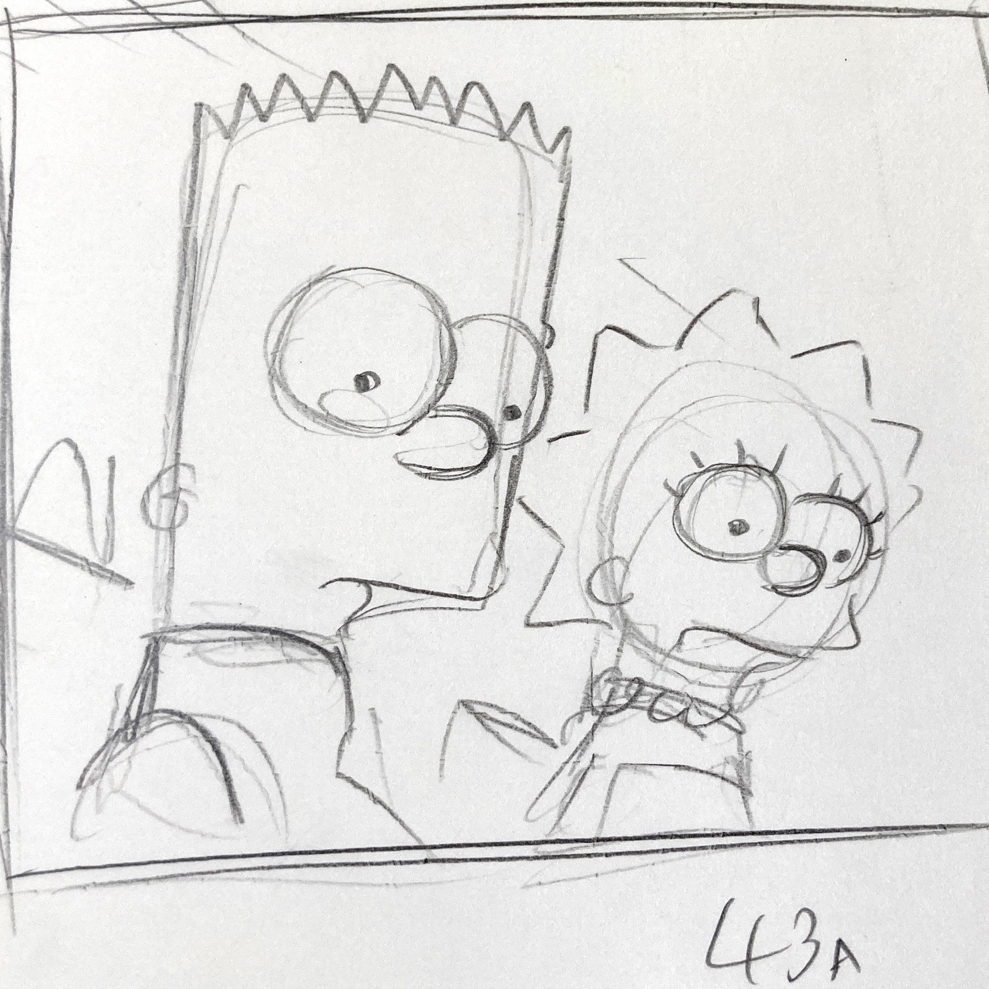 The SIMPSONS : Original Production Used Rough Layout Drawing of Bart, Lisa, Maggie and Marge Simpson (Matt Groening). For sale on FLIP Gallery