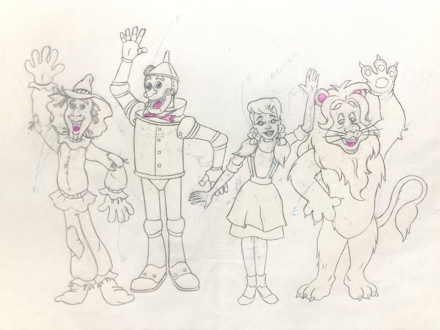 The Wizard of Oz : Dorothy, Scarecrow, Cowardly Lion, and Tin Man Original Production Cel with Matching Animation Drawing (TV Series, 1990). For sale on FLIP Gallery